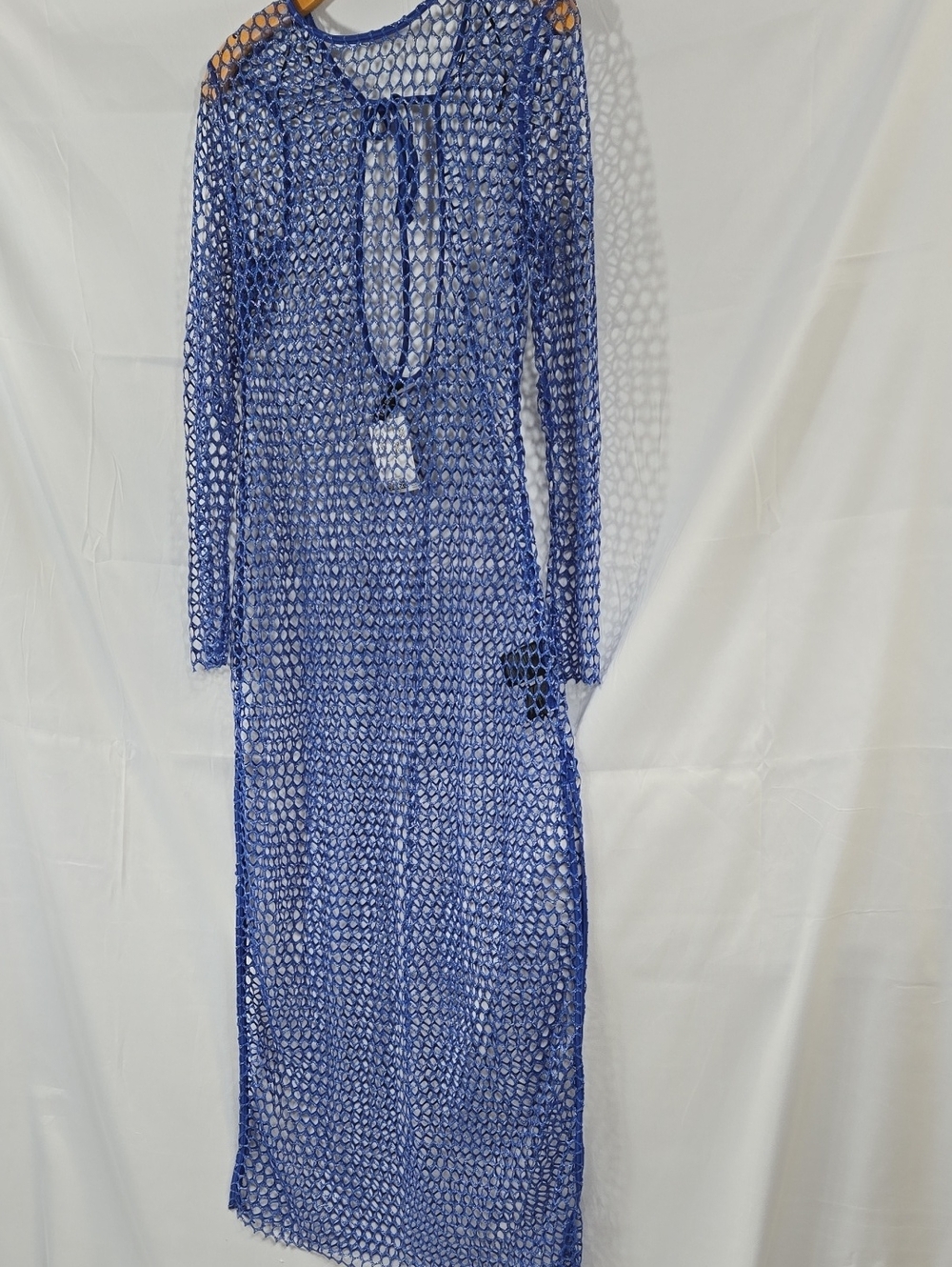 H&M Blue Open-Knit Long Sleeve Maxi Dress with Tie Back LARGE NWT